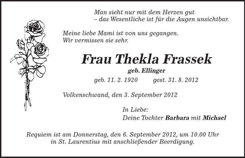 Traueranzeige Thekla Frassek