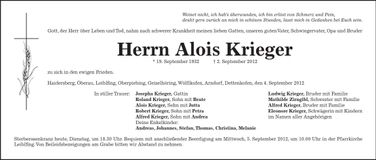 Traueranzeige Alois Krieger
