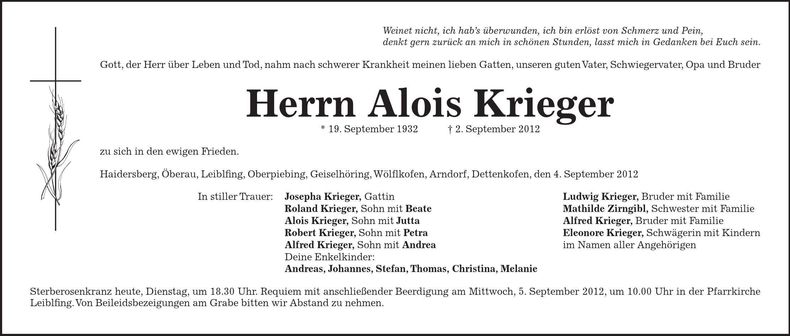 Traueranzeige Alois Krieger
