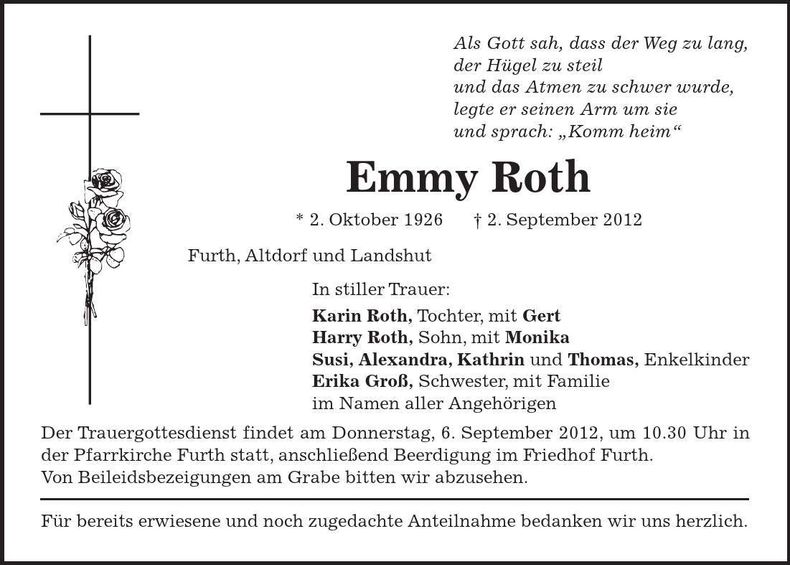 Traueranzeige Emmy Roth