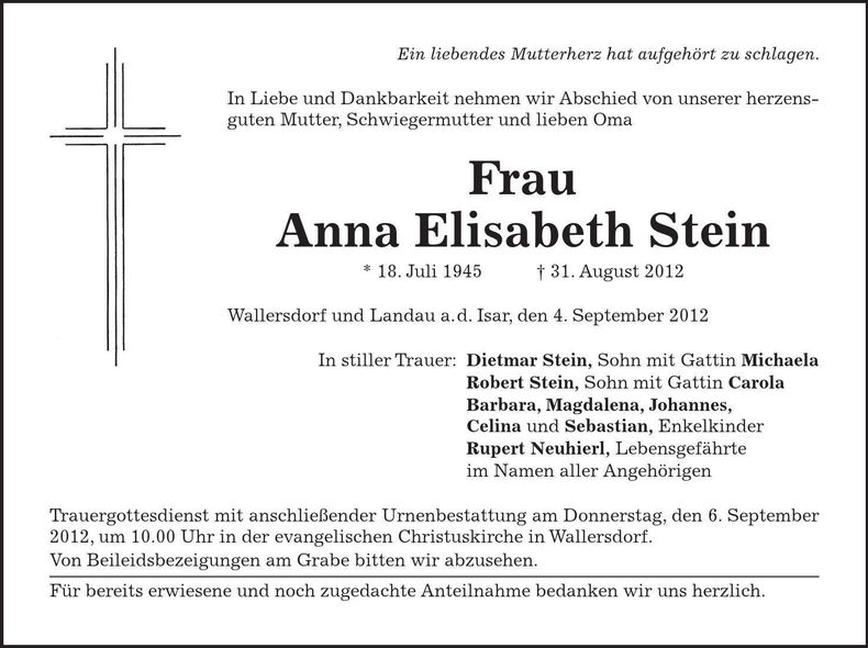 Traueranzeige Anna Stein