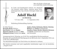 Traueranzeige Adolf Hackl