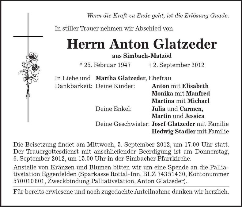 Traueranzeige Anton Glatzeder