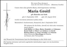 Traueranzeige Maria Groitl