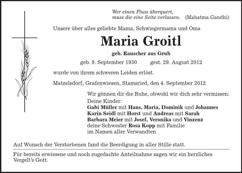 Traueranzeige Maria Groitl