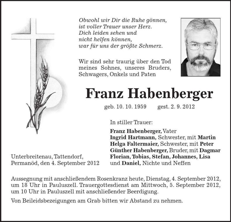 Traueranzeige Franz Habenberger