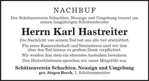 Traueranzeige Karl Hastreiter