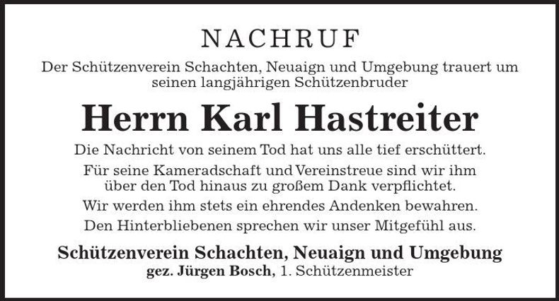 Traueranzeige Karl Hastreiter