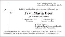 Traueranzeige Maria Beer
