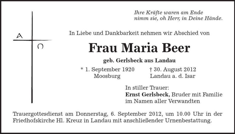 Traueranzeige Maria Beer