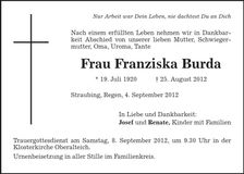 Traueranzeige Franziska Burda