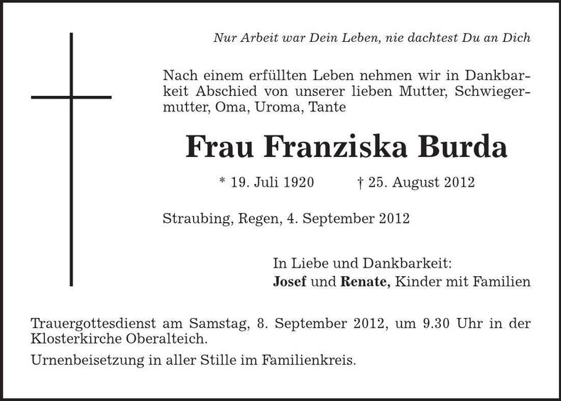Traueranzeige Franziska Burda
