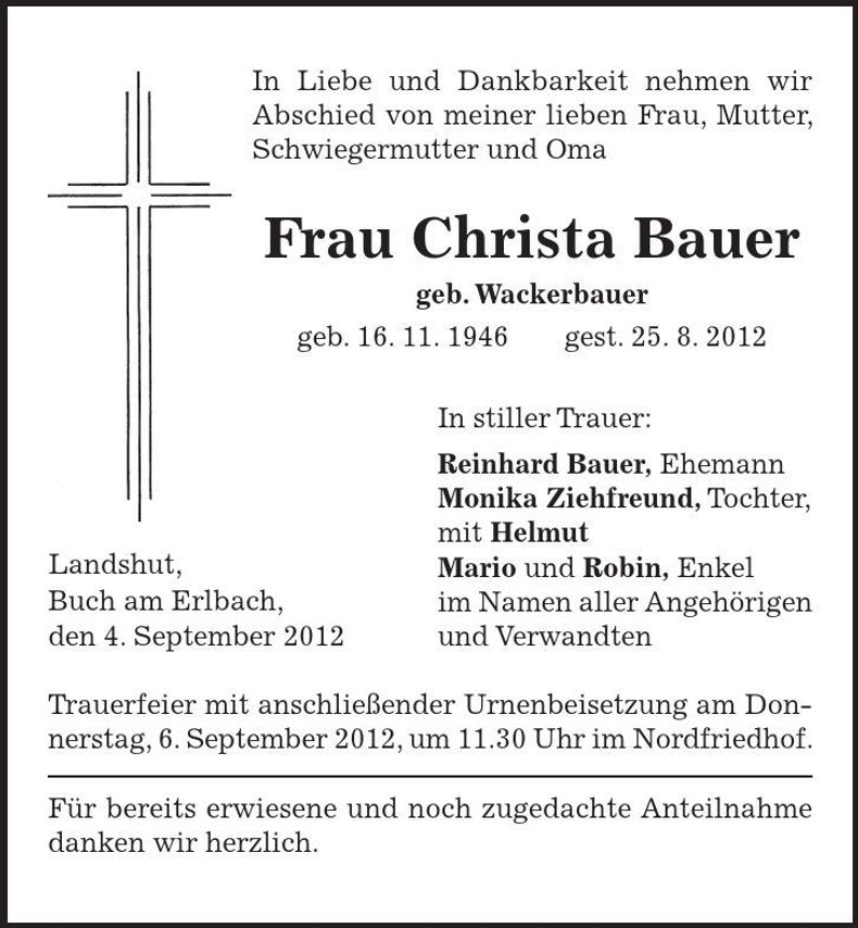 Traueranzeige Christa Bauer