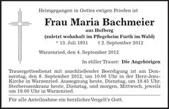 Traueranzeige Maria Bachmeier