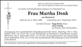 Traueranzeige Martha Denk