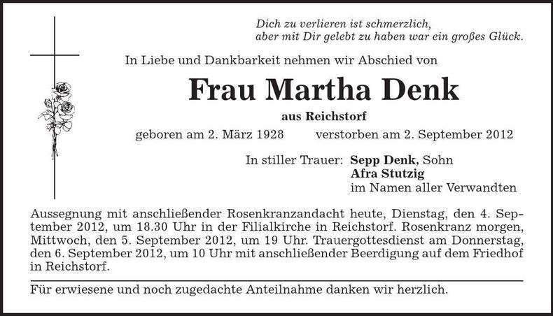 Traueranzeige Martha Denk