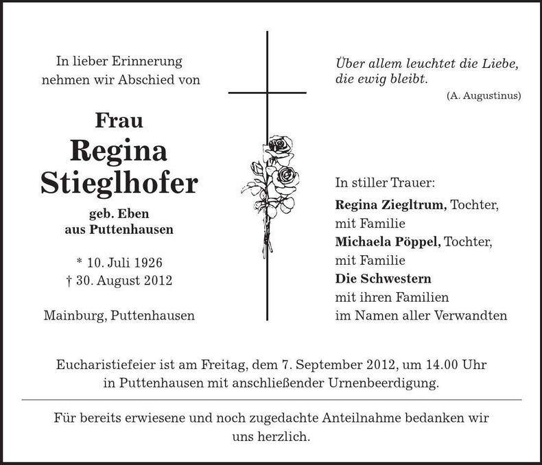 Traueranzeige Regina Stieglhofer
