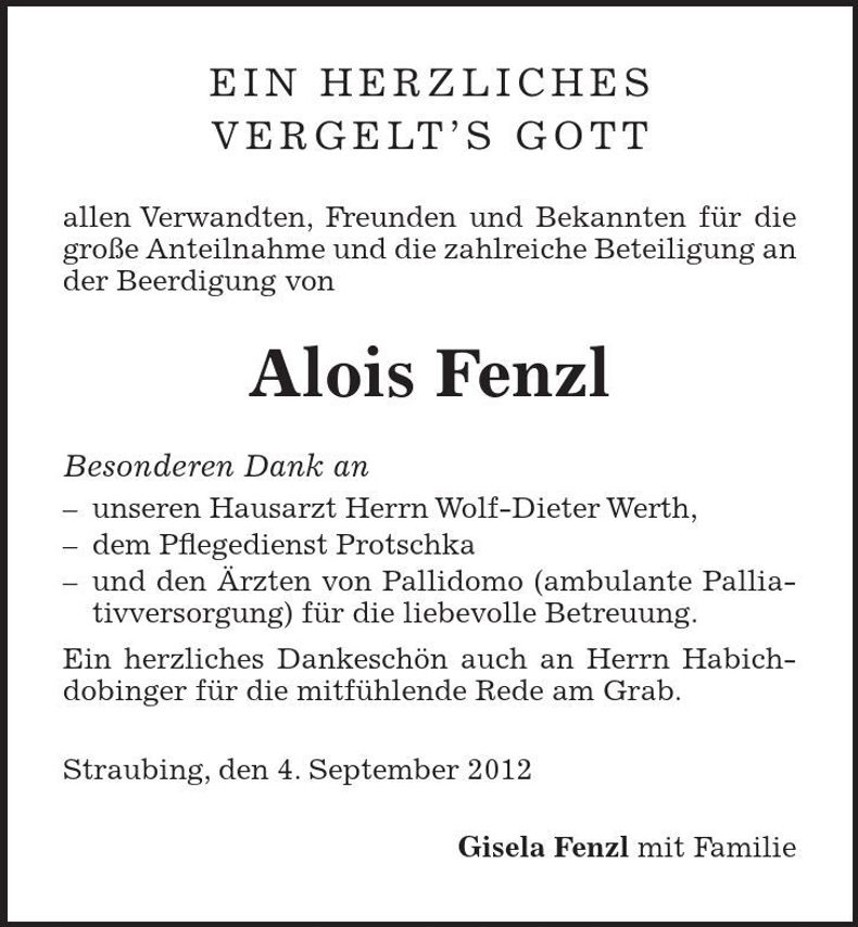 Traueranzeige Alois Fenzl