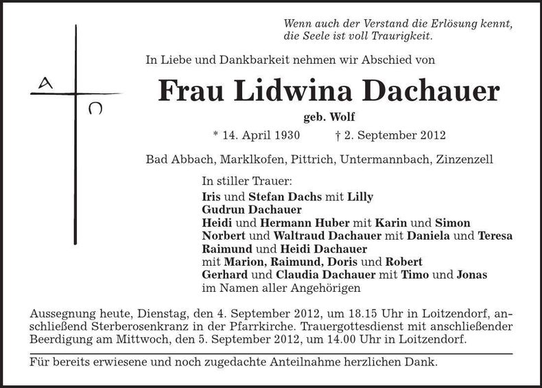Traueranzeige Lidwina Dachauer