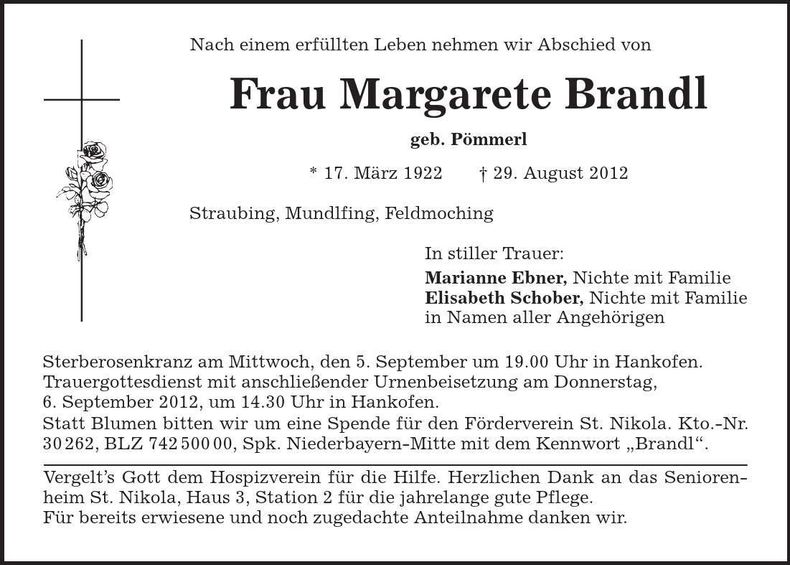 Traueranzeige Margarete Brandl