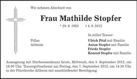 Traueranzeige Mathilde Stopfer