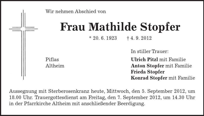 Traueranzeige Mathilde Stopfer