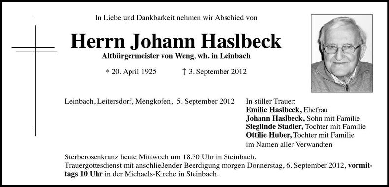 Traueranzeige Johann Haslbeck