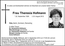 Traueranzeige Theresia Hofmann