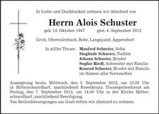 Traueranzeige Alois Schuster