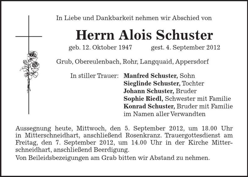 Traueranzeige Alois Schuster