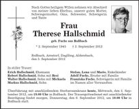 Traueranzeige Therese Hallschmid