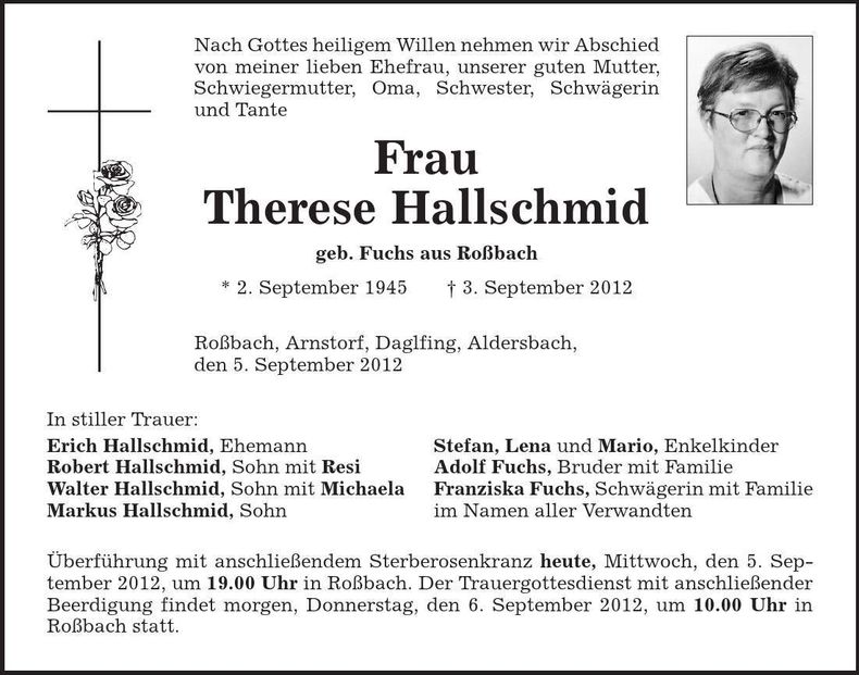 Traueranzeige Therese Hallschmid