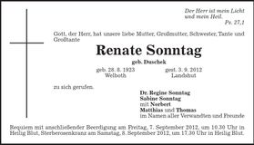 Traueranzeige Renate Sonntag