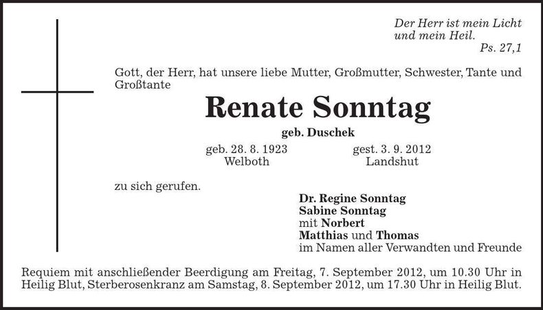 Traueranzeige Renate Sonntag
