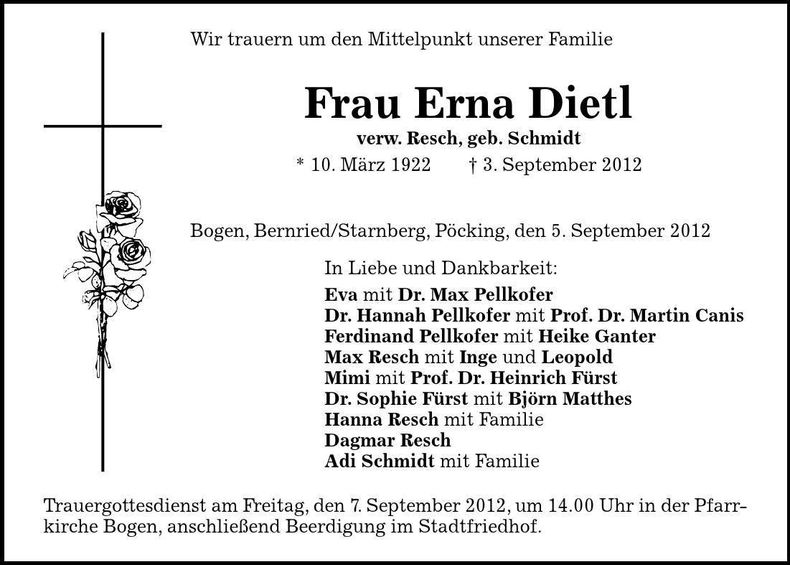 Traueranzeige Erna Dietl