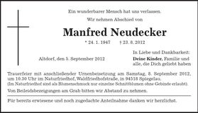 Traueranzeige Manfred Neudecker