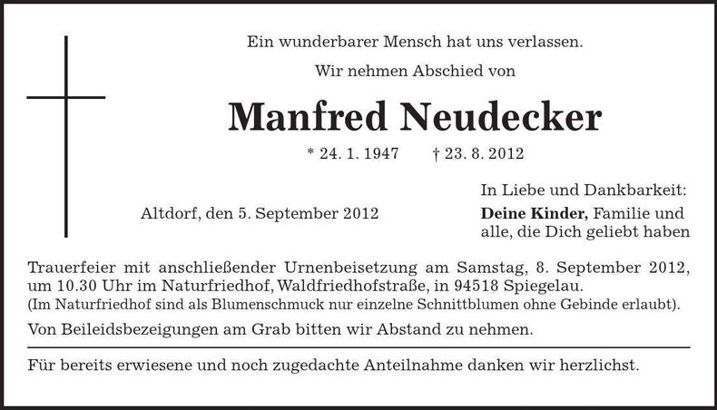Traueranzeige Manfred Neudecker