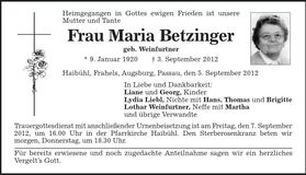 Traueranzeige Maria Betzinger