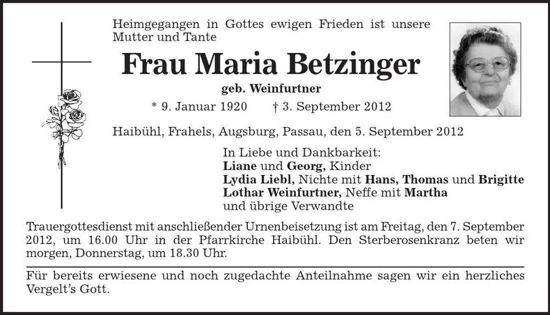 Traueranzeige Maria Betzinger