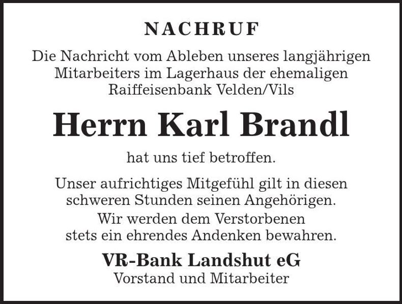 Traueranzeige Karl Brandl