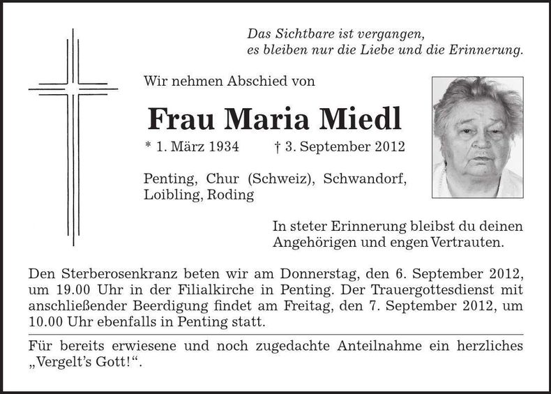 Traueranzeige Maria Miedl