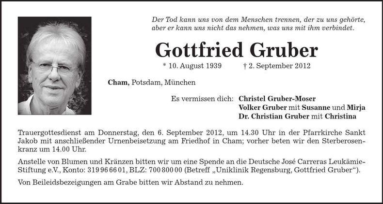 Traueranzeige Gottfried Gruber