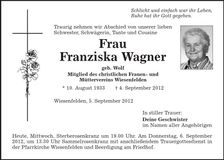 Traueranzeige Franziska Wagner