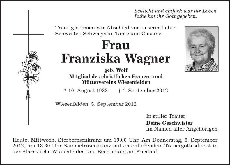 Traueranzeige Franziska Wagner