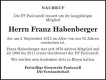 Traueranzeige Franz Habenberger