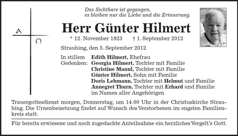 Traueranzeige Günter Hilmert