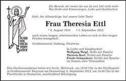Traueranzeige Theresia Ettl