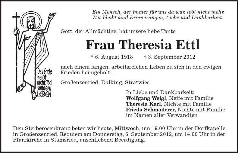 Traueranzeige Theresia Ettl