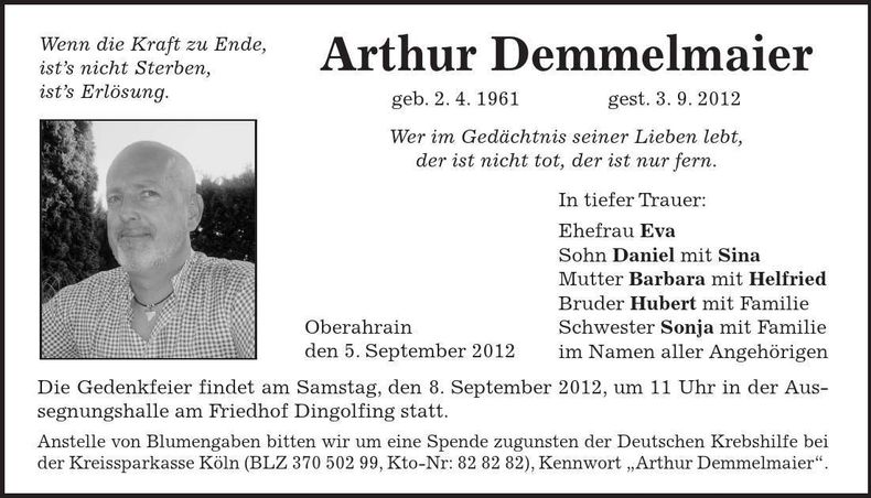 Traueranzeige Arthur Demmelmaier