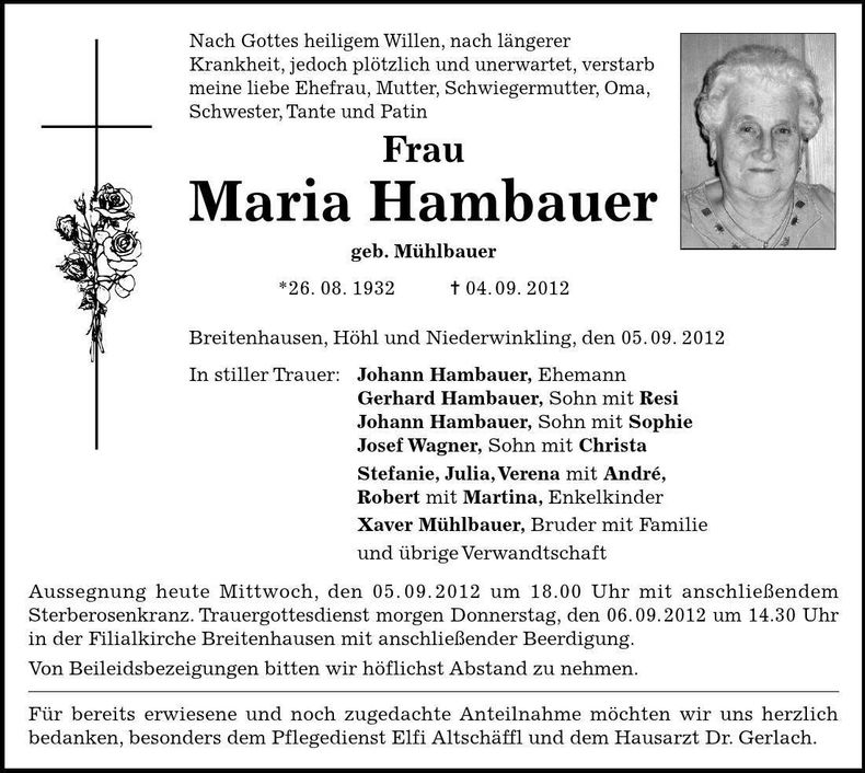 Traueranzeige Maria Hambauer